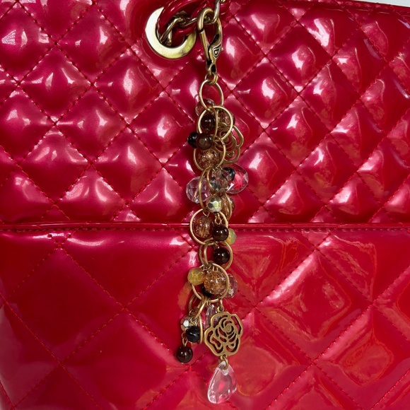 Red Quilted Vinyl Bag w/Gold Hardware and Purse Charm - Picture 3 of 10